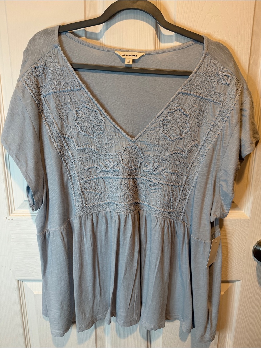 Lucky Brand Dusty Blue Embroidered V-Neck Peplum Tunic